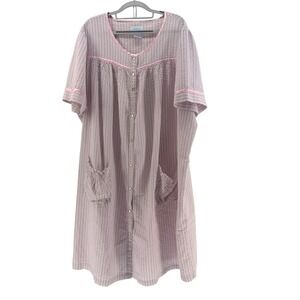 Ashley‎ Taylor Nightgown Women 3X Pink Striped Seersucker Snap Front House Dress